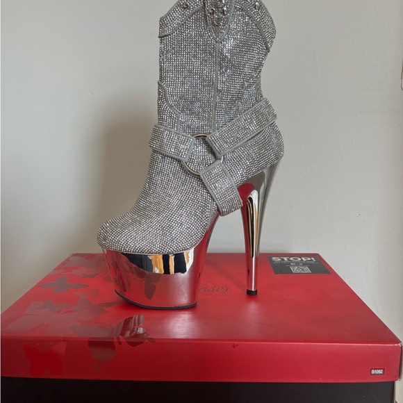 Pleaser Silver Rhinestone Platform Heeled Ankle Boots - Picture 6 of 6